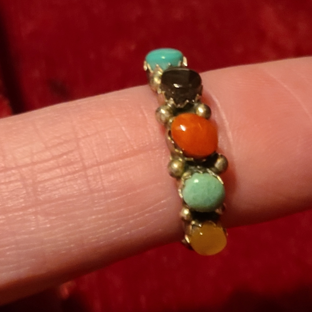 925 Vintage Multi Gemstone Ring 6.5 Band Southwestern Turquoise Sterling Silver - Picture 7 of 12